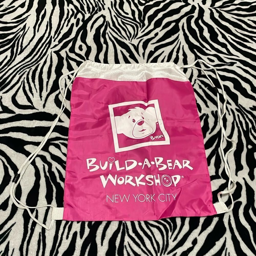 Build a bear workshop New York City BABW pink white mesh drawstring book bag